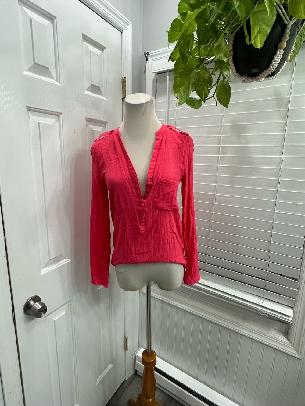 Zara V-Neck Long Sleeve Blouse in Bright Pink